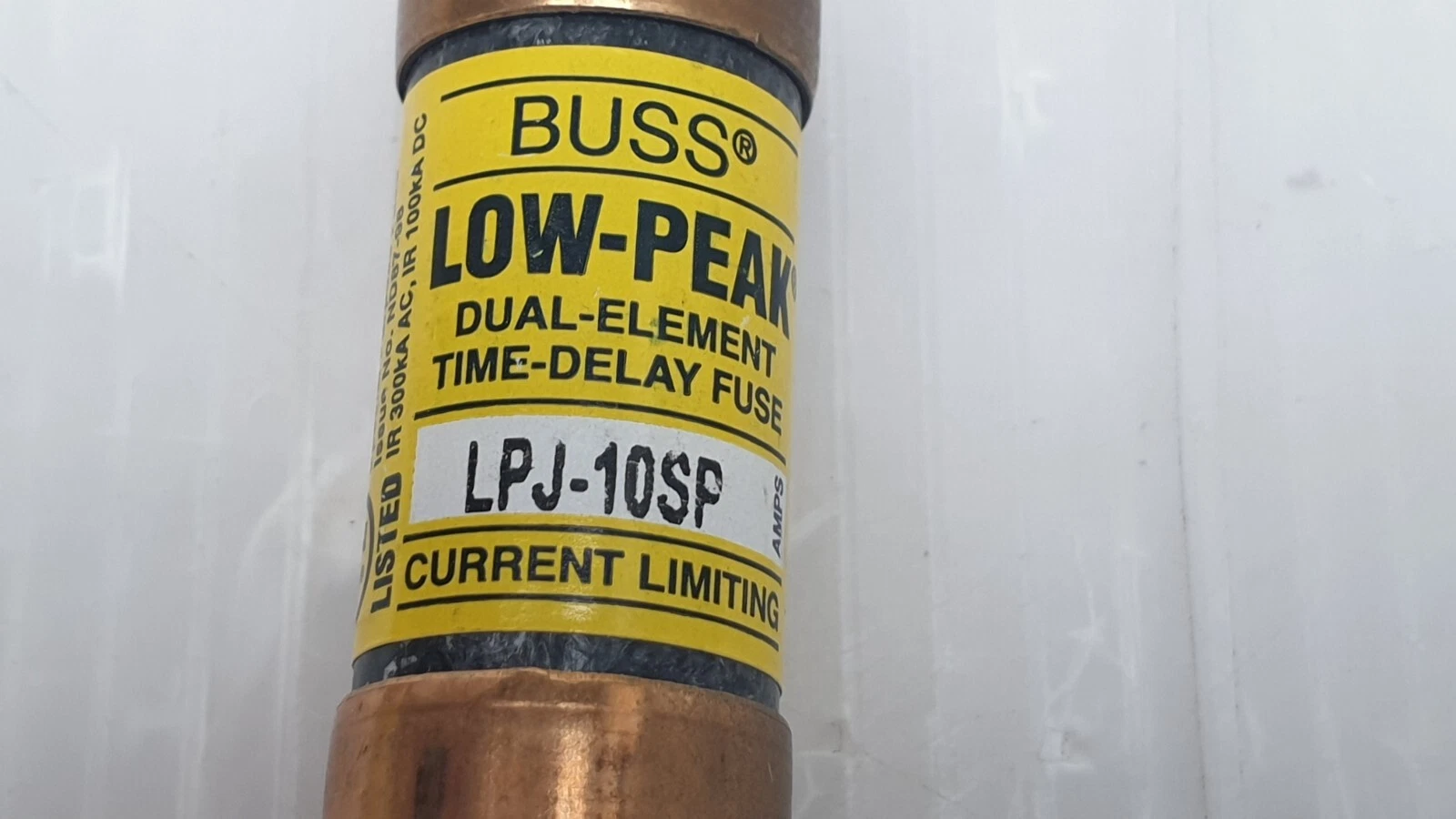 Close-up of the BUSS Low-Peak LPJ-10SP dual-element time-delay fuse label