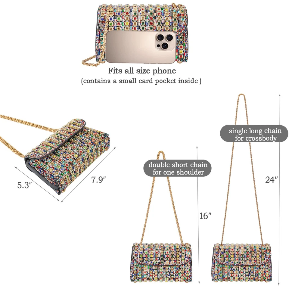 Bolso de mano de noche con estrás para mujer - Bolso sin asas bandolera colorido brillante con cadena Foto 3 de 4