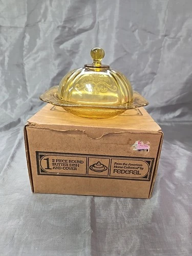 Vtg Indiana Glass Federal MADRID AMBER Yellow Covered Butter Dish Recollection