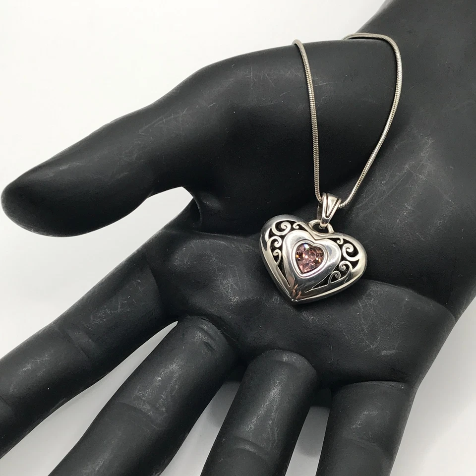 Collar Colgante Brighton Corazón Placa Plata Reversible Cristal Rosa Transparente Foto 3 de 4