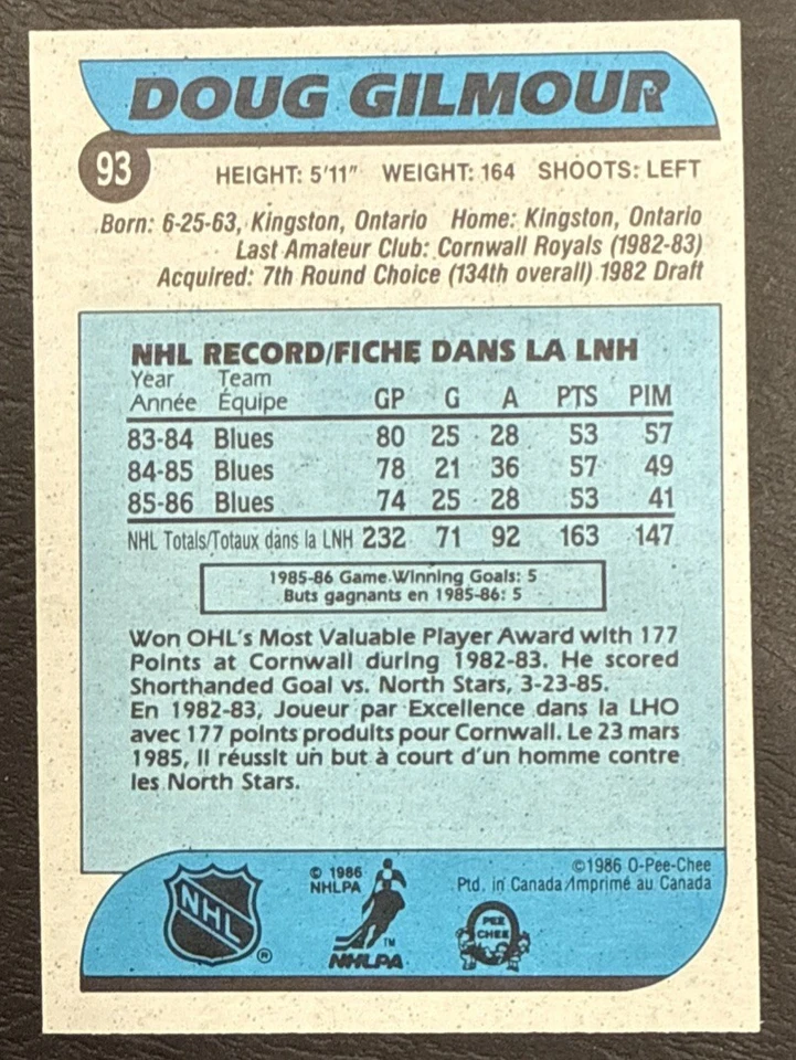 1986-87 O-Pee-Chee OPC Hockey - #93 Doug Gilmour - St Louis Blues - Image 2 of 2
