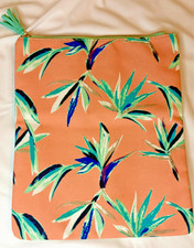 Rachel Pally Tropical Leaf Print Zip Pouch Green Tassel Lined Travel Clutch