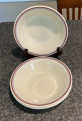 Set of 4 Corelle  Corning ABUNDANCE 7  Soup Cereal Bowls Beige Maroon/Blue Rings