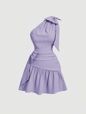 One Shoulder Purple Bowknot Cropped Mini Dress w/ Ruched Waist & Flared Skirt M