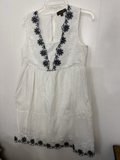 Suzanne Betro M White Embroidered Cotton Babydoll Dress Boho Coastal Cottage
