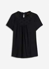 Shirt mit Spitze Gr. 40/42 Schwarz Damenshirt Hemd Top Bluse Tunika Oberteil Neu