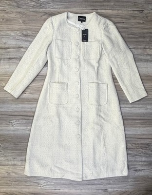 Chartou Cream Tweed Long Coat Button Front Pocket Jacket Womens Size Medium NEW