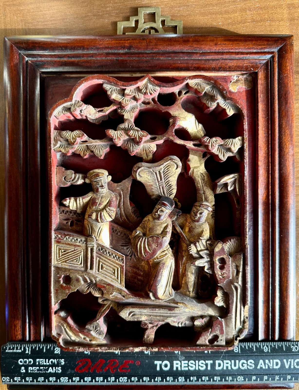 2 Antique Chinese Red & Gilt Wooden Deep Carved Panel Wood 19th Century