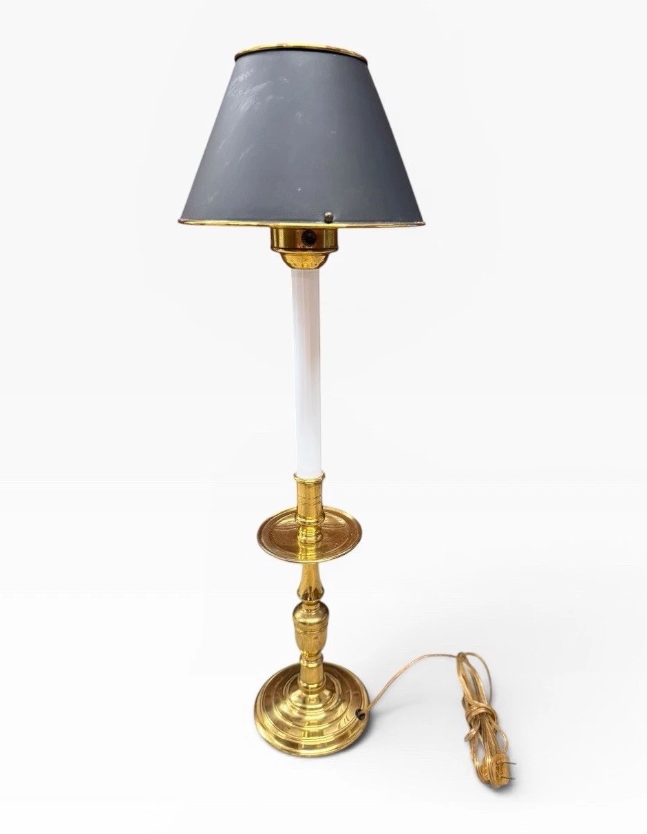 Vintage 1980’s Maitland-Smith Brass Candlestick Table Lamp Black Metal Shade