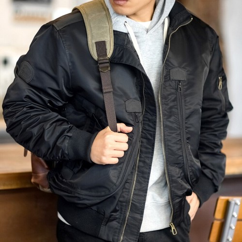 Mens Vintage Style Bomber Jacket - Black Retro Military Aviator Coat Unisex - Picture 5 of 13
