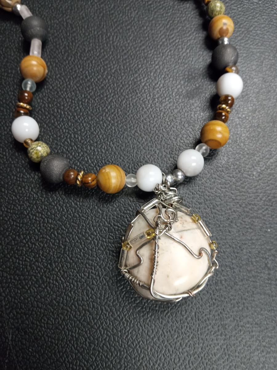 Brown & Gray Marble Pendant Beaded Necklace View 6