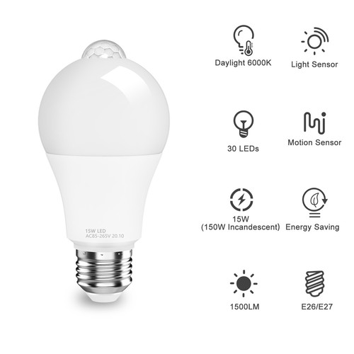 LED Light Bulb 90/120/150/180W Equivalent Motion Sensor Lamp Dusk to Dawn Bulbs - Picture 6 of 60