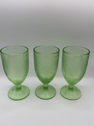 Vintage Federal Green Uranium Goblet Glasses Lot Etched