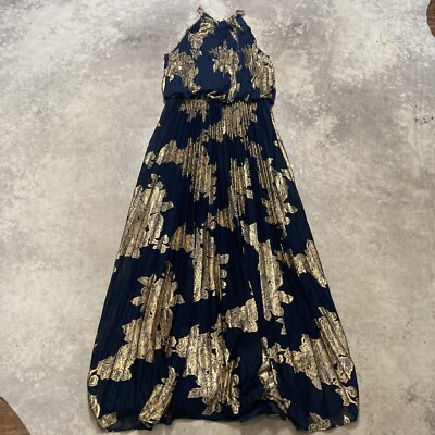 Cache Dress 6 Gold Foil Maxi Gown Blue Blouson Halter Metallic Pleated Evening