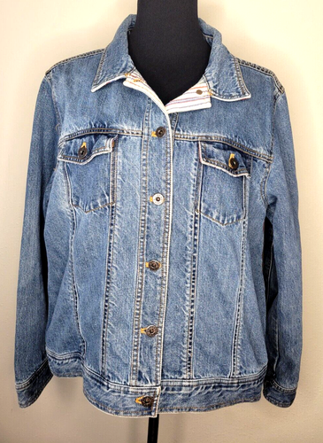 Lands End Jean Jacket Womens XL Blue Denim Striped trim