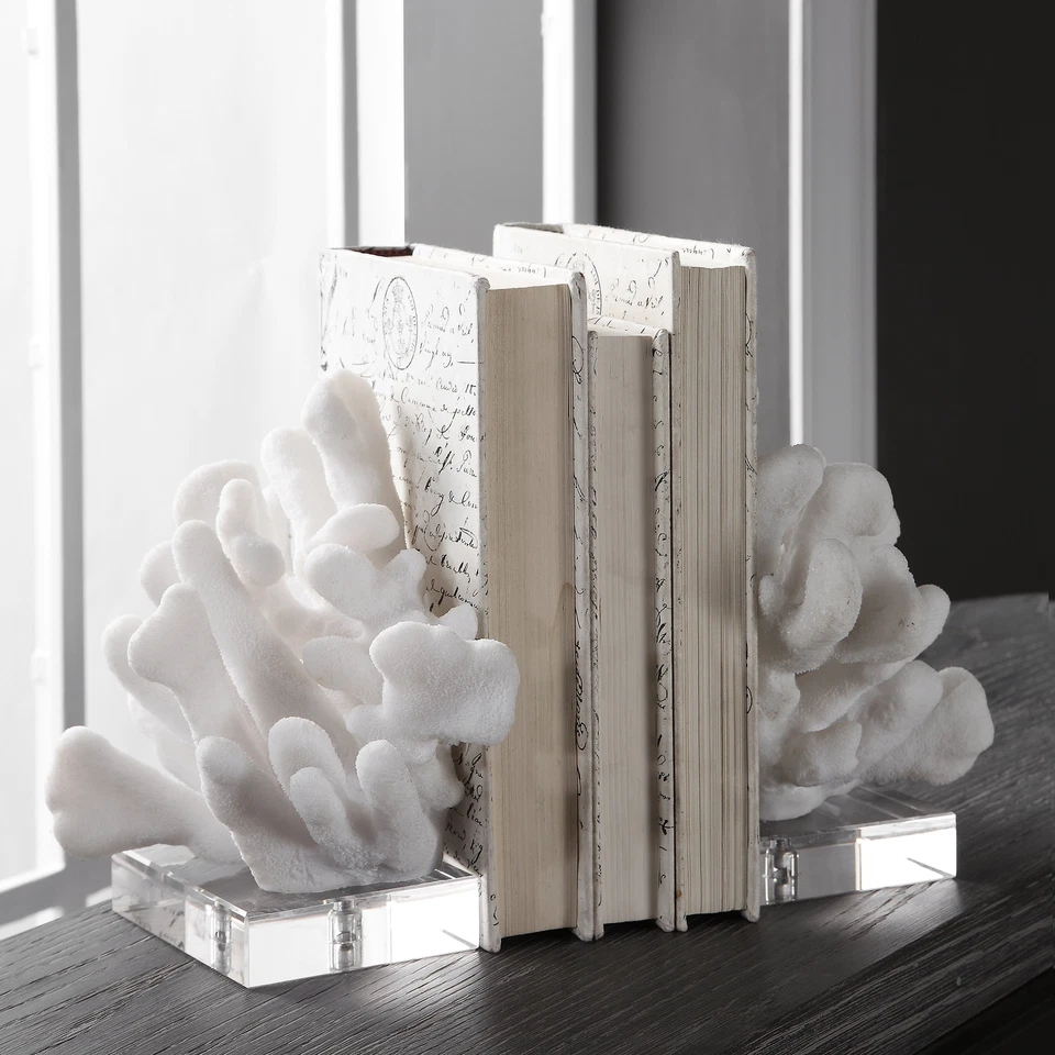 Luxe White Faux Coral Sculpture Bookends Set 2 | Crystal Coastal Reef Sea Shell - Image 2 of 4