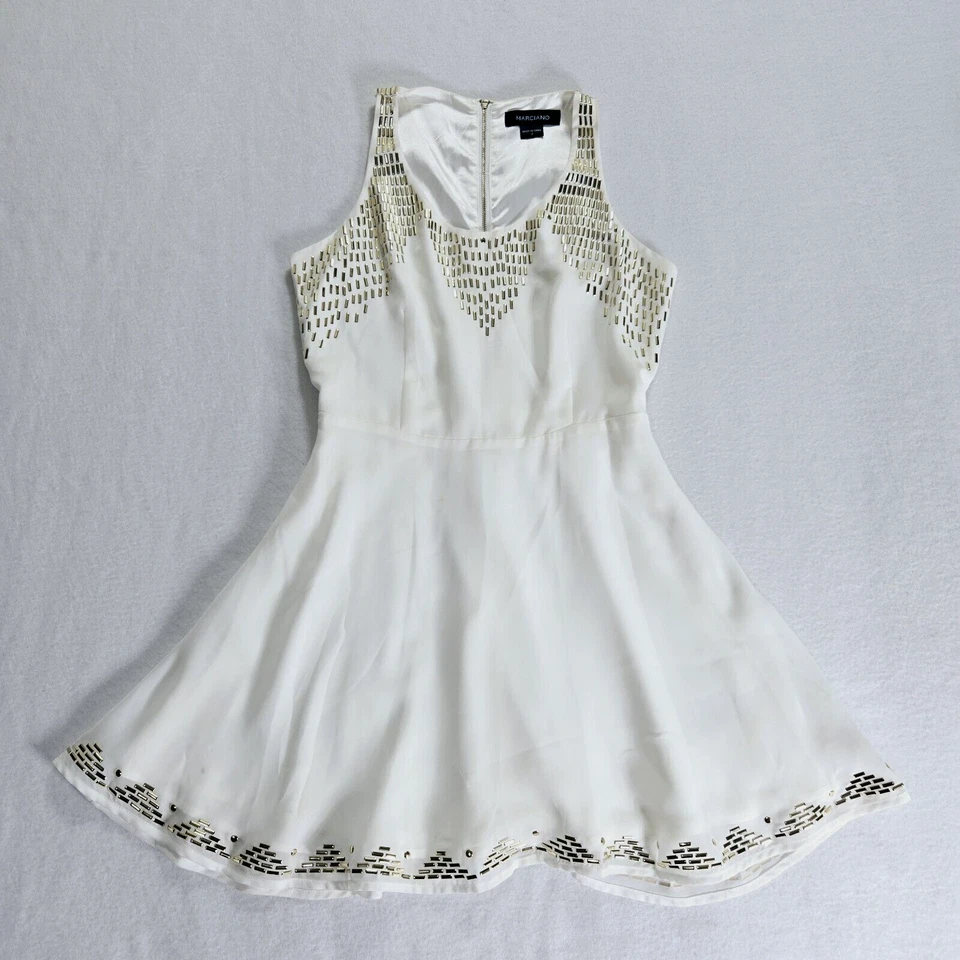 Vestido Marciano Talla 2 Mujer Funda Cóctel Cuentas Doradas Forrado Cremallera Marfil Corto Foto 2 de 4
