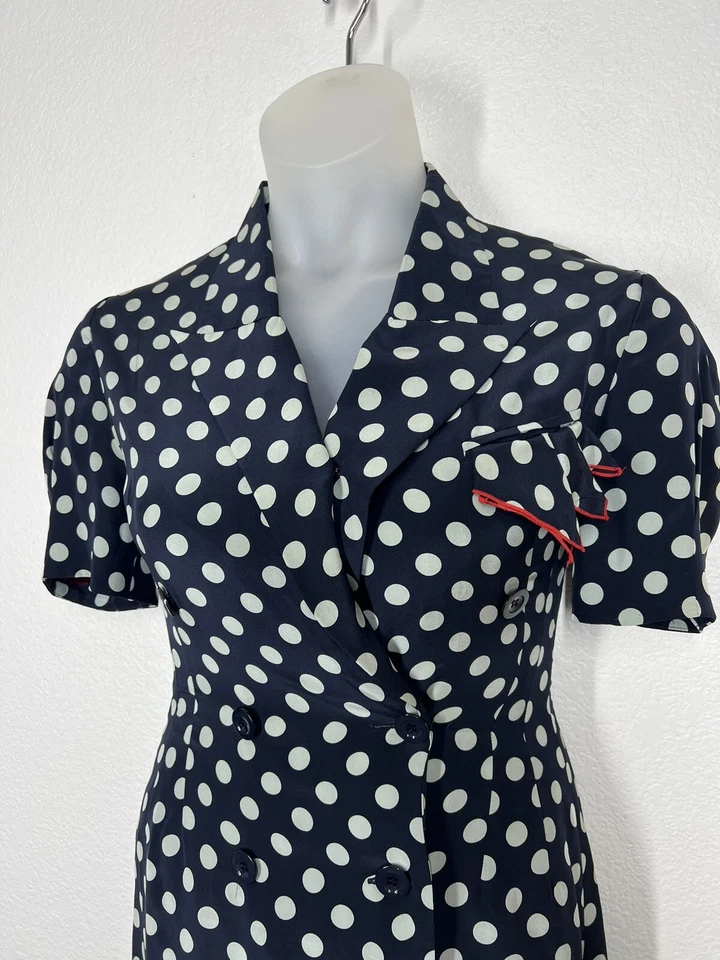 Vestido Nipon Boutique Lunares Seda Talla 6 Vintage Años 80 Azul Marino Blanco Náutico Foto 2 de 4