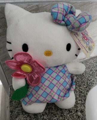 NWT Sanrio Hello Kitty 2024 Easter Pink Blue Yellow Plaid Dress Flower Plush 8''