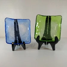 Fused Glass Square Dish bowl Art Glass Set Of 2 Dishes 4.5" Wide  blue and green