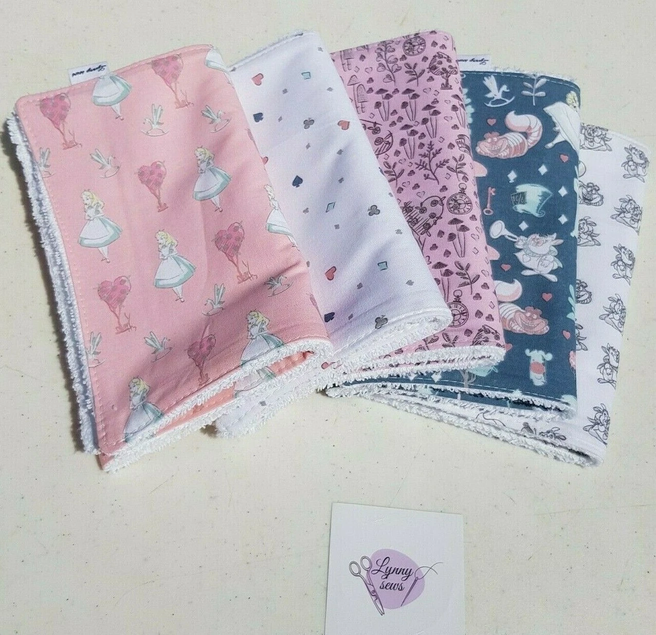 Baby Burp Cloths Alice in Wonderland Print x5 Pack Toweling Backed Handmade New