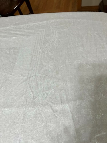 Mantel antiguo de lino damasco rizados y líneas 63""x117"" usado (J61M) - Imagen 5 de 9