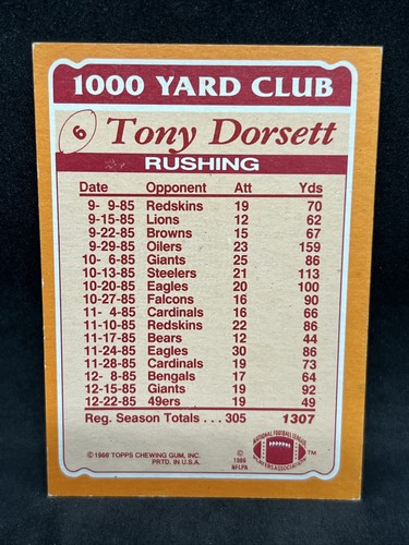 1986 Topps #6 Tony Dorsett 1000 Yard Club - Picture 2 of 2