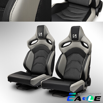 [Dark Knight Series] Reclinable PVC Black-Grey Racing Seats Pair w ...