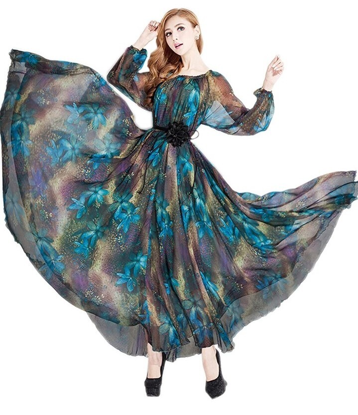 medeshe women's chiffon floral holiday beach bridesmaid maxi dress sundress MedeShe Women's Chiffon Peacock Blue Long Sleeve Bridesmaid Sundress Size L