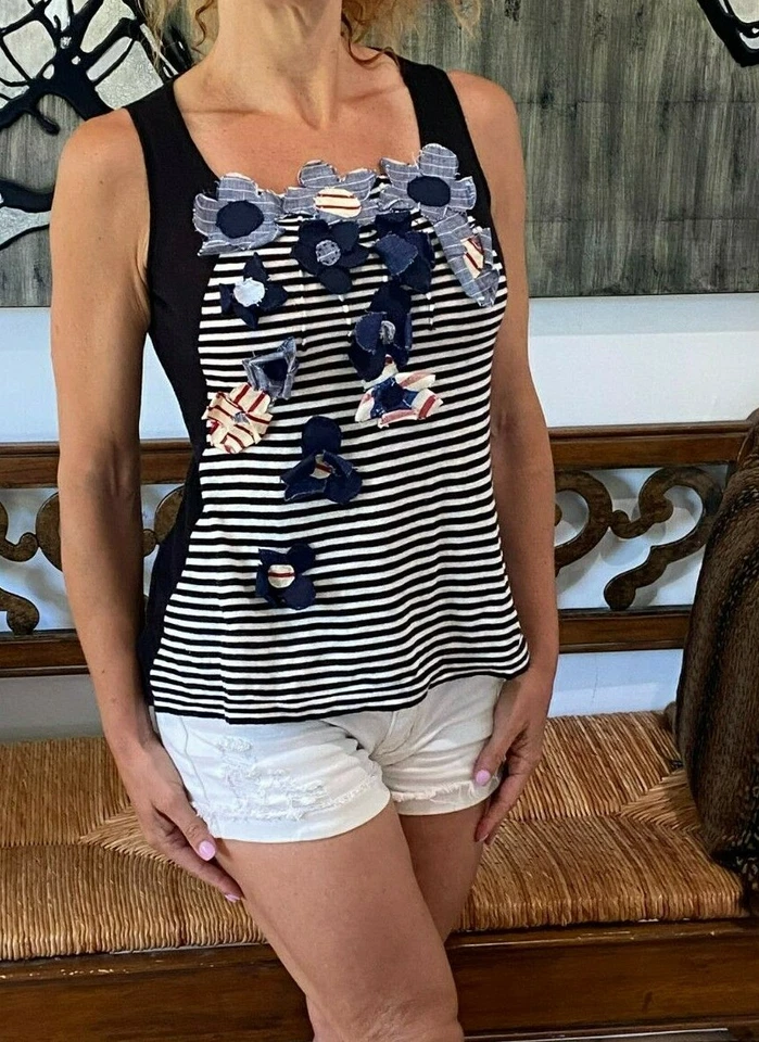 WENDI CAÑA SIN MANGAS PUNTO A RAYAS APLIQUES FLORALES SUÉTER CAMISETA SIN MANGAS S❤️ Foto 3 de 4