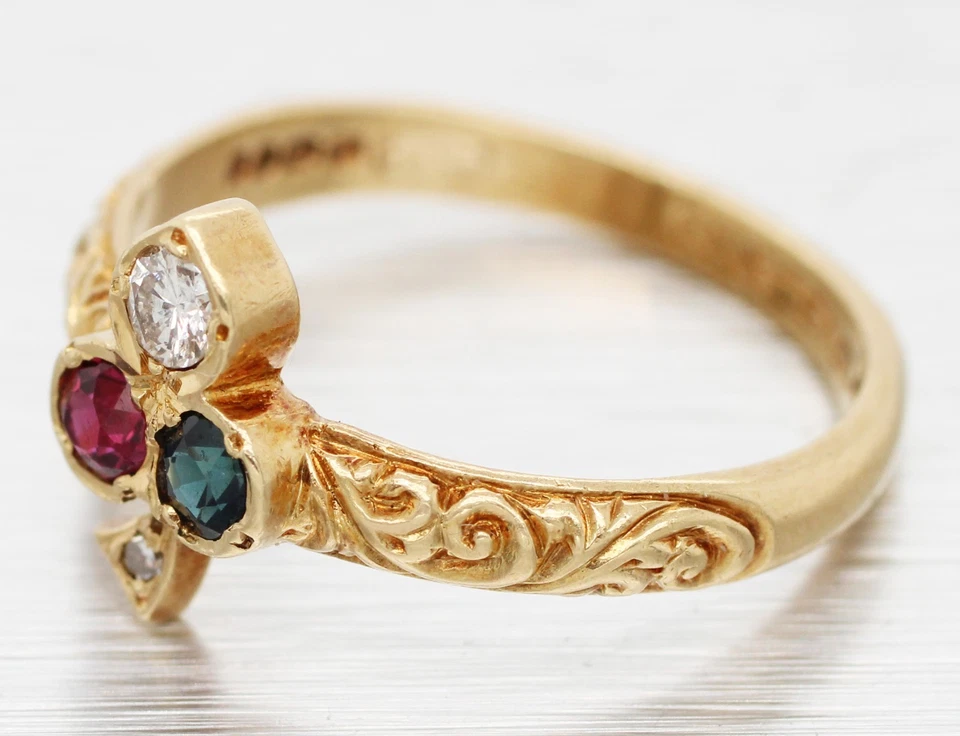 Antique Art Deco Diamond Ruby & Sapphire Club Clover Ring - 14k Yellow Gold Band - Image 2 of 4
