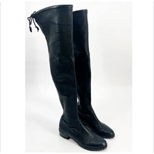 Stuart Weitzman Lowland Boots Women 7 Black Stretch Leather Over The Knee READ