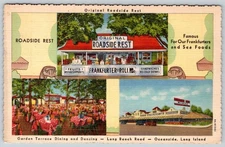 1936 ROADSIDE REST FRANKFURTERS SEAFOOD OCEANSIDE LONG ISLAND LINEN POSTCARDS