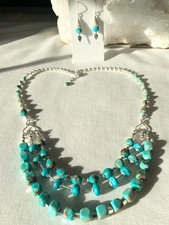 SS .925 BLUE KINGMAN TURQUOISE NECKLACE  3 STRANDS & EARRINGS SET