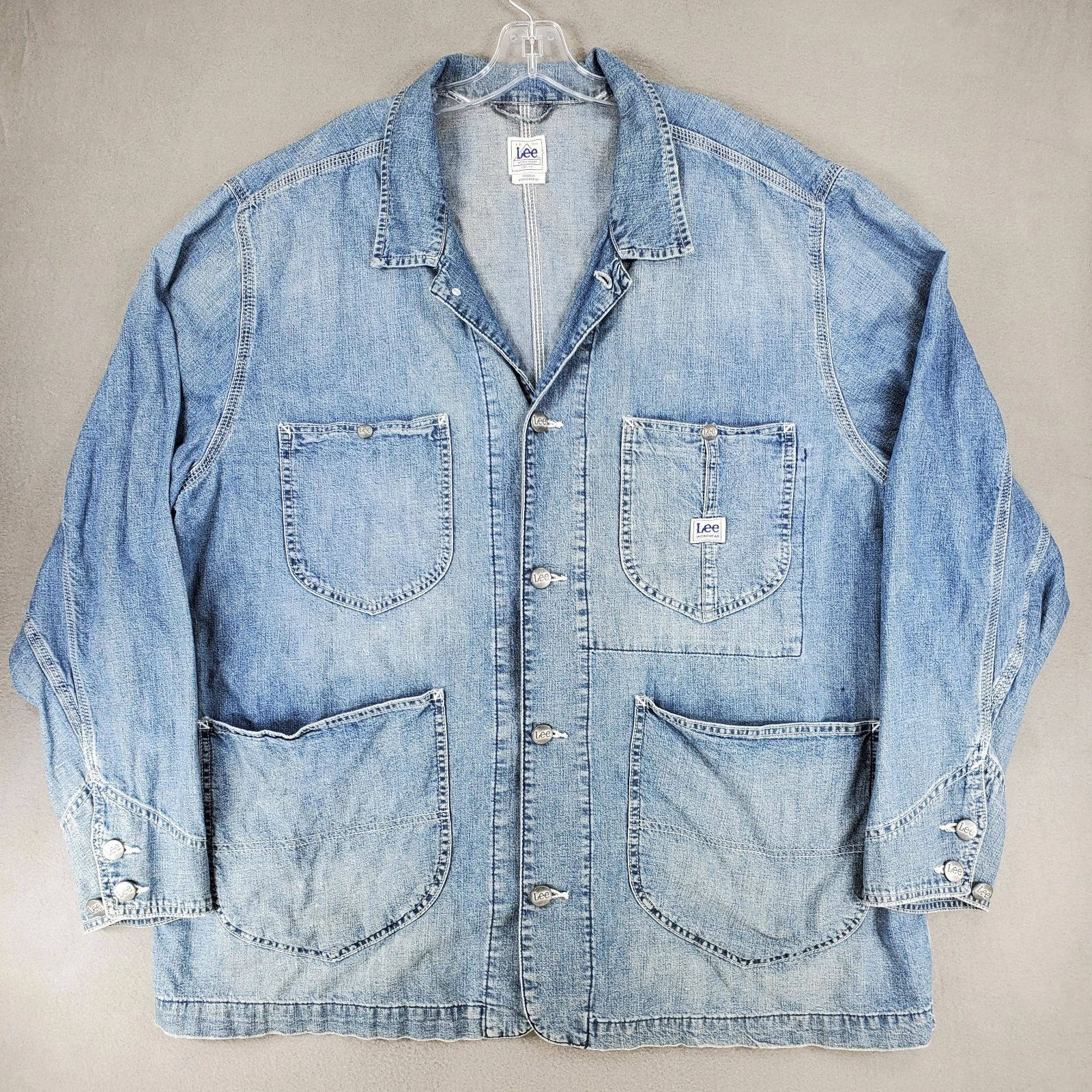 Vintage LEE Jeans Workwear Blue Denim CHORE COAT Jacket Size 2XL Light Wash