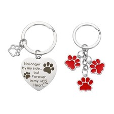 Heart-Shaped Pet Memorial Keychain with Red Pet Paw Print Keychain, Silver