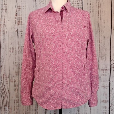 LL BEAN M Pink Floral Nylon Sport Shirt Roll Tab Sleeve Snap Buttons Vented Back