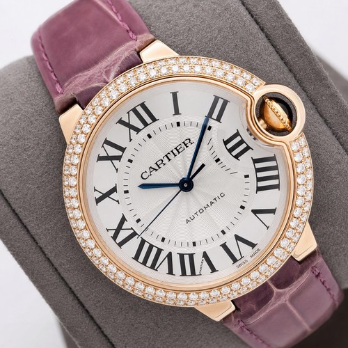 Cartier WE900551 Ballon Bleu 36mm 18k Rose Gold Silver Diamond Dial PurpleWatch