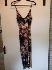 Fashion Nova Floral Side Slit Dress Black & Brown W/Flowers Spaghetti Straps XXS