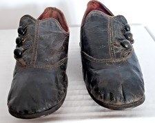 vintage black leather button-up baby shoes doll antique VG condition