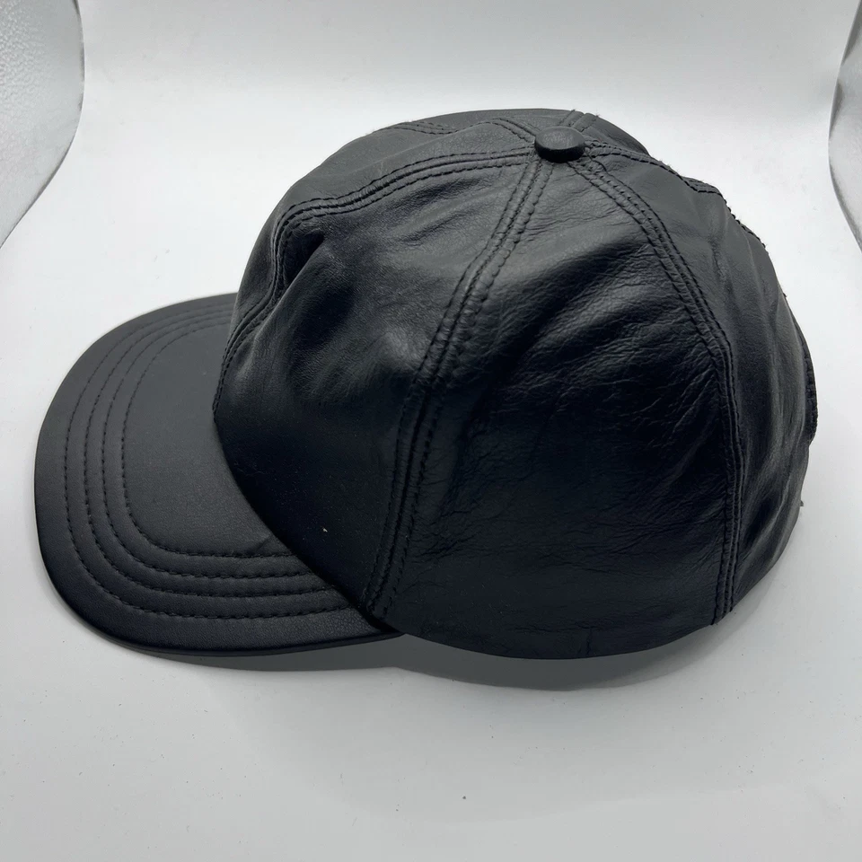 复古 90S 全黑色皮革可调肩带男式帽子均码美国 — 第 2/4 张图片