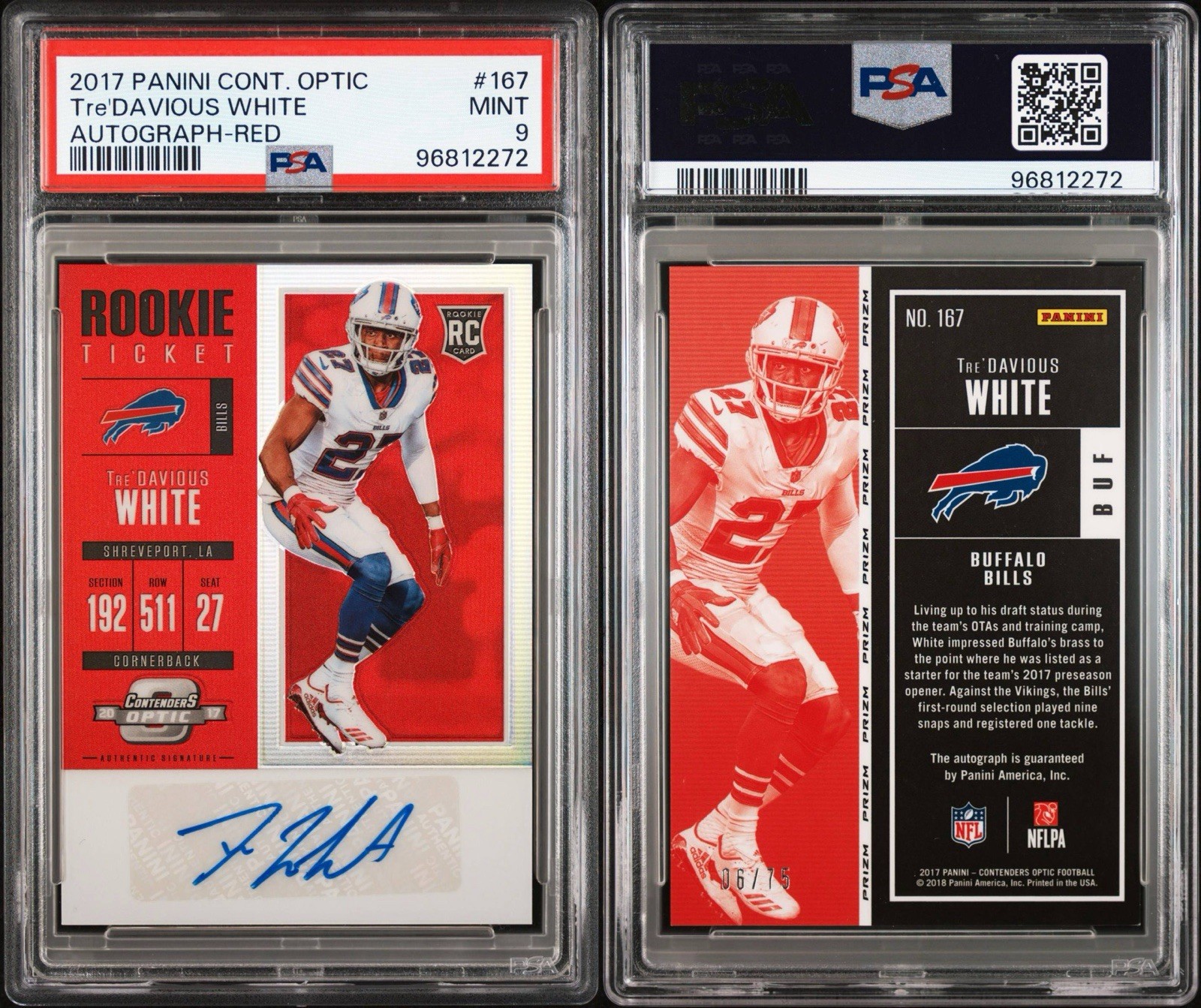 2017 Contenders Optic - Tre'Davious White #167 Rookie Ticket Auto Red /99  PSA 9 view 3