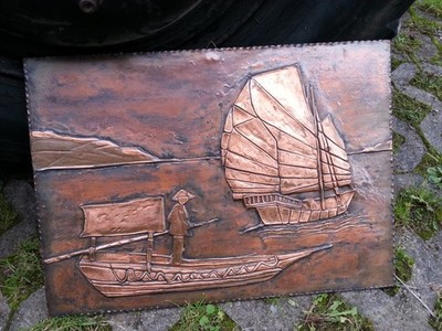 Kupferbild Kupferstich 55 cm breit x 40 cm hoch segelschiff und Ruderer (971)