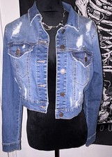 ENJEAN Distressed Cropped Denim Jacket Blue Button Pockets Collared Women L