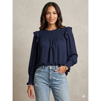 Sharagano Ruffle Long Sleeve Blouse Smocked Flowy Navy Blue Romantic Top Size M