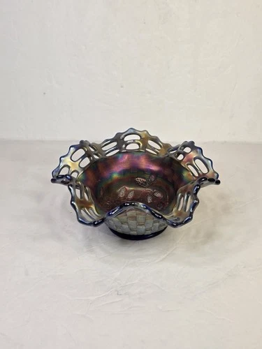 Vintage Fenton Carnival Glass Cobalt Blue Basket Weave Open Top Ruffle Edge