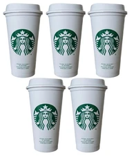 FIVE Pack Starbucks White Grande Hot 16oz Reusable Cups & Lids 