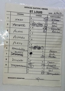 Two Game Used Line Up 6/22/2003 Cardinals vs Royals Tony LaRussa Auto