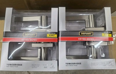 2X NEW DEFIANT DOOR HANDLE KEYED ENTRY LOCK SETS SATIN NICKEL FINISH