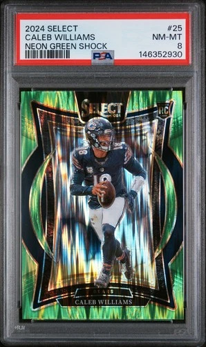 Caleb Williams 2024 Panini Select #25 Neon Green Prizm Shock RC /599 PSA 8